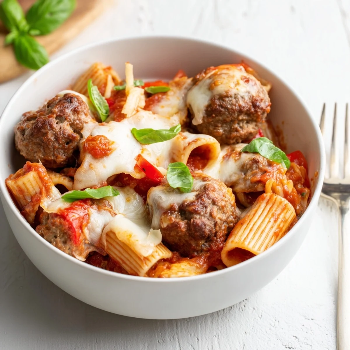 Hearty Italian Meatball Pasta Skillet served hot with melted mozzarella and fresh basil.  
