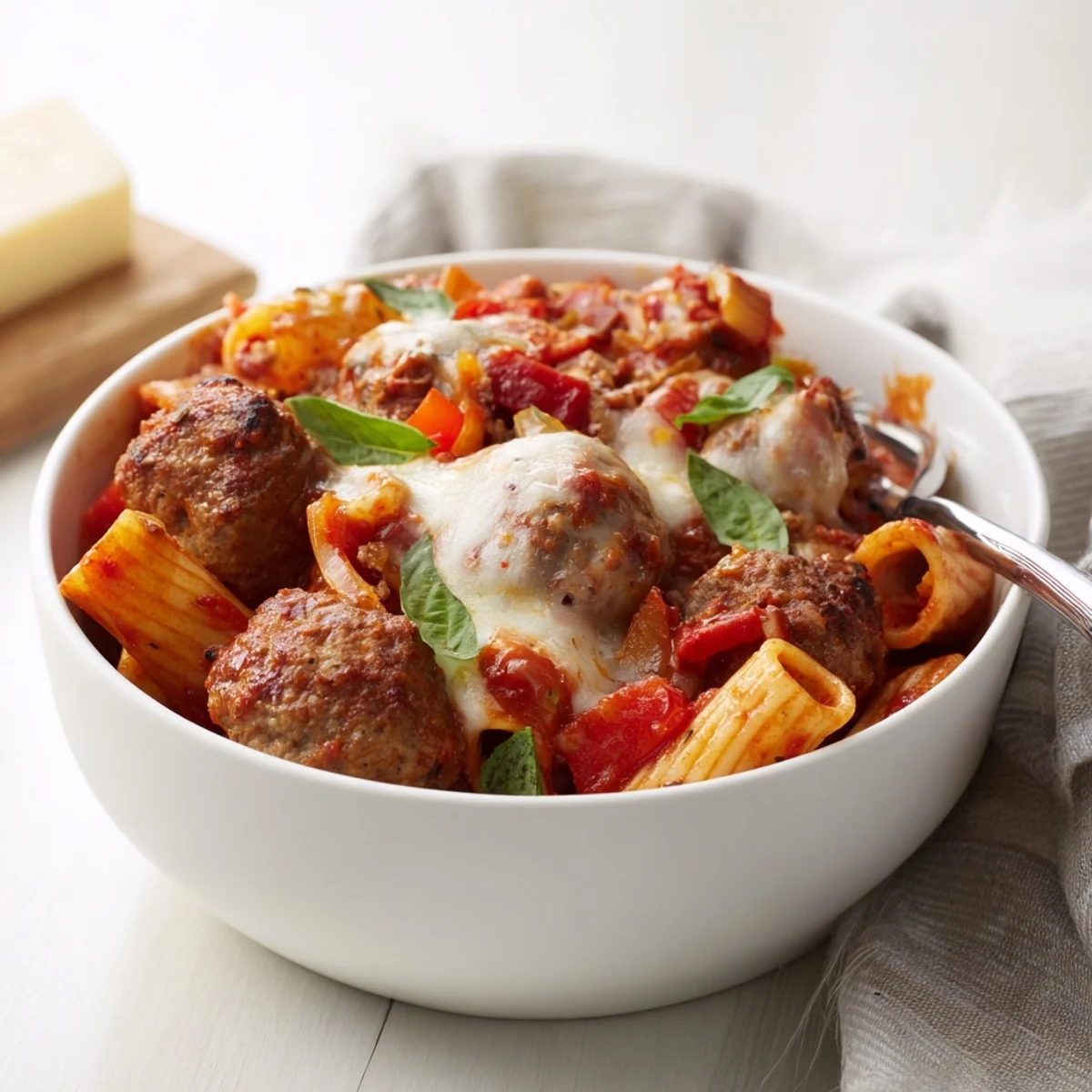 Succulent meatballs in rich tomato sauce top this comforting Italian Meatball Pasta Skillet.  