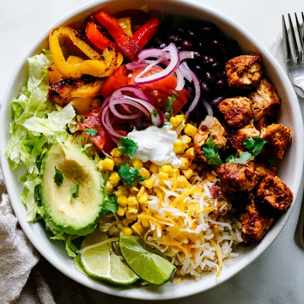 Juicy Sheet Pan Chicken Burrito Bowls topped with fresh avocado and vibrant vegetables.  