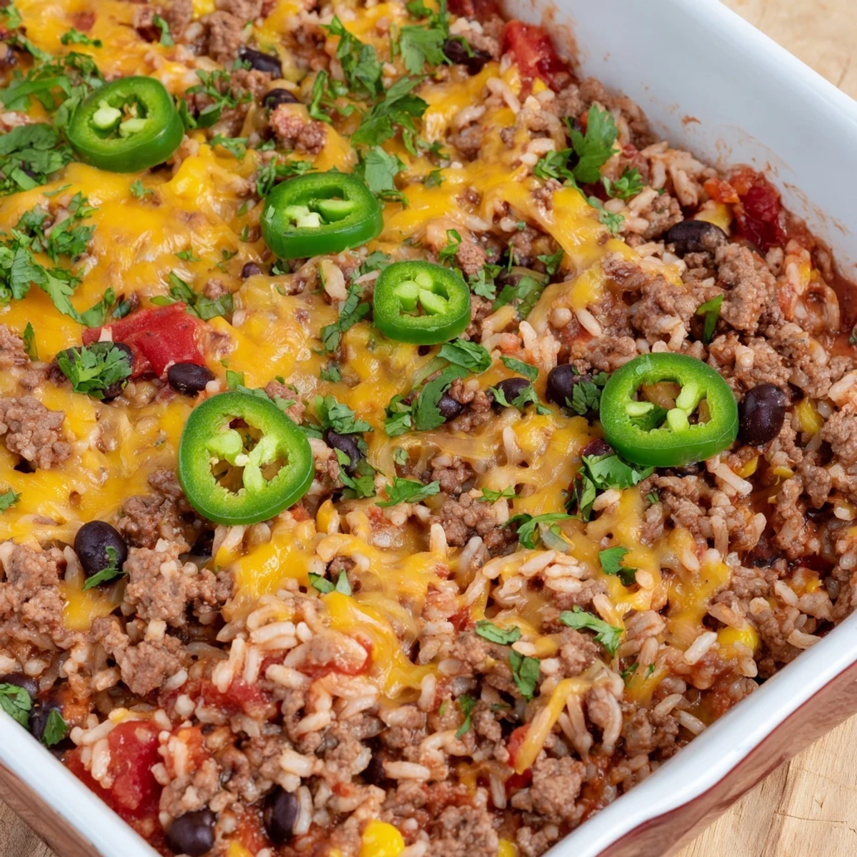 Steaming Tex-Mex Beef & Rice Casserole, topped with melted cheese, offers a comforting, flavorful main dish.
