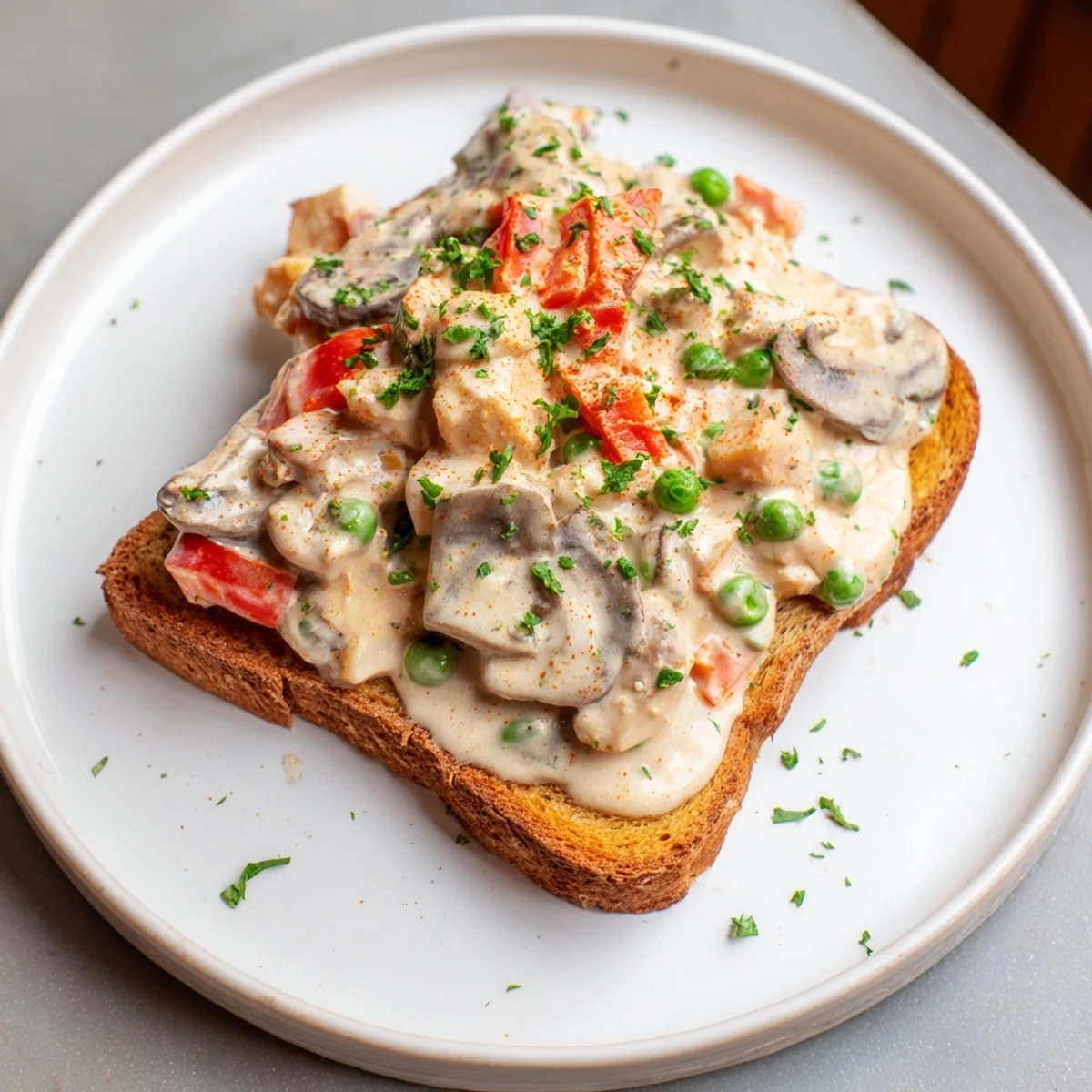 Creamy chicken à la king, a comforting American classic, served atop golden toast, appealingly.