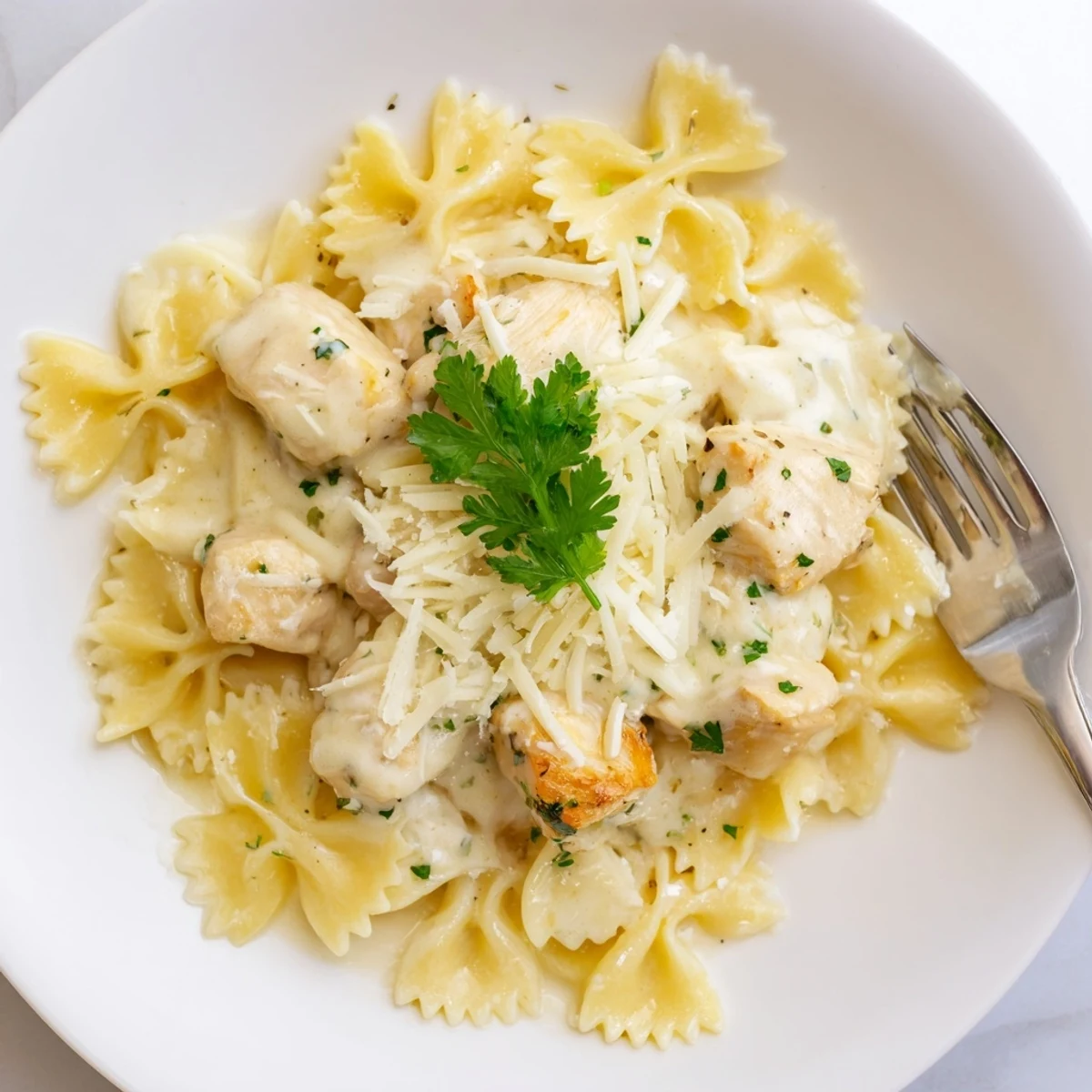 Golden chicken pieces and bowtie pasta in a creamy Mozzarella Garlic Butter Chicken Bowties dish.