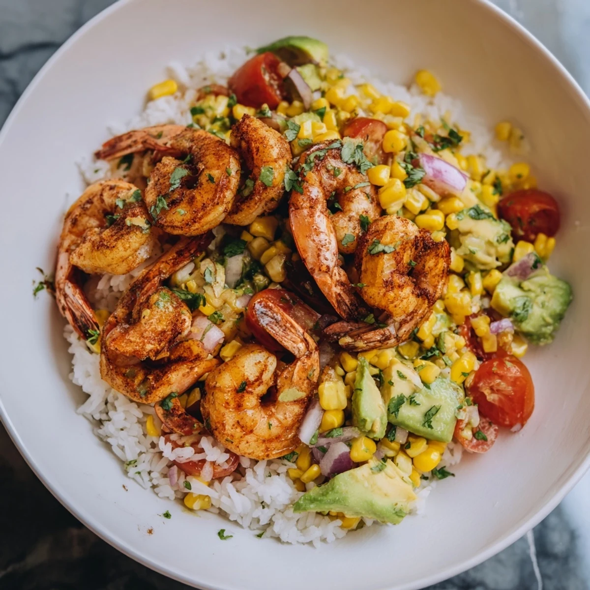 Juicy grilled shrimp served atop rice in this easy shrimp bowl with fresh avocado corn salsa.