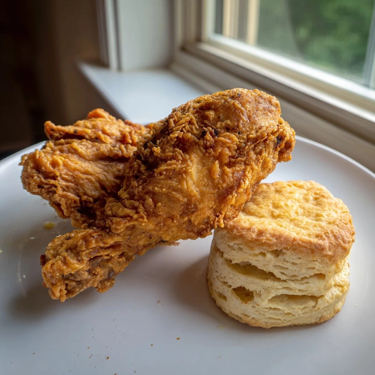 Golden-brown Southern fried chicken with fluffy buttermilk biscuits, a delicious family-style meal.