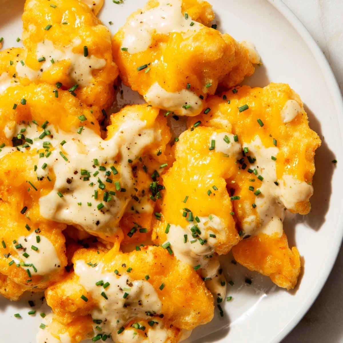 Golden, bubbly Cheddar Ranch Chicken Bake fresh from the oven, served with a side of green beans.