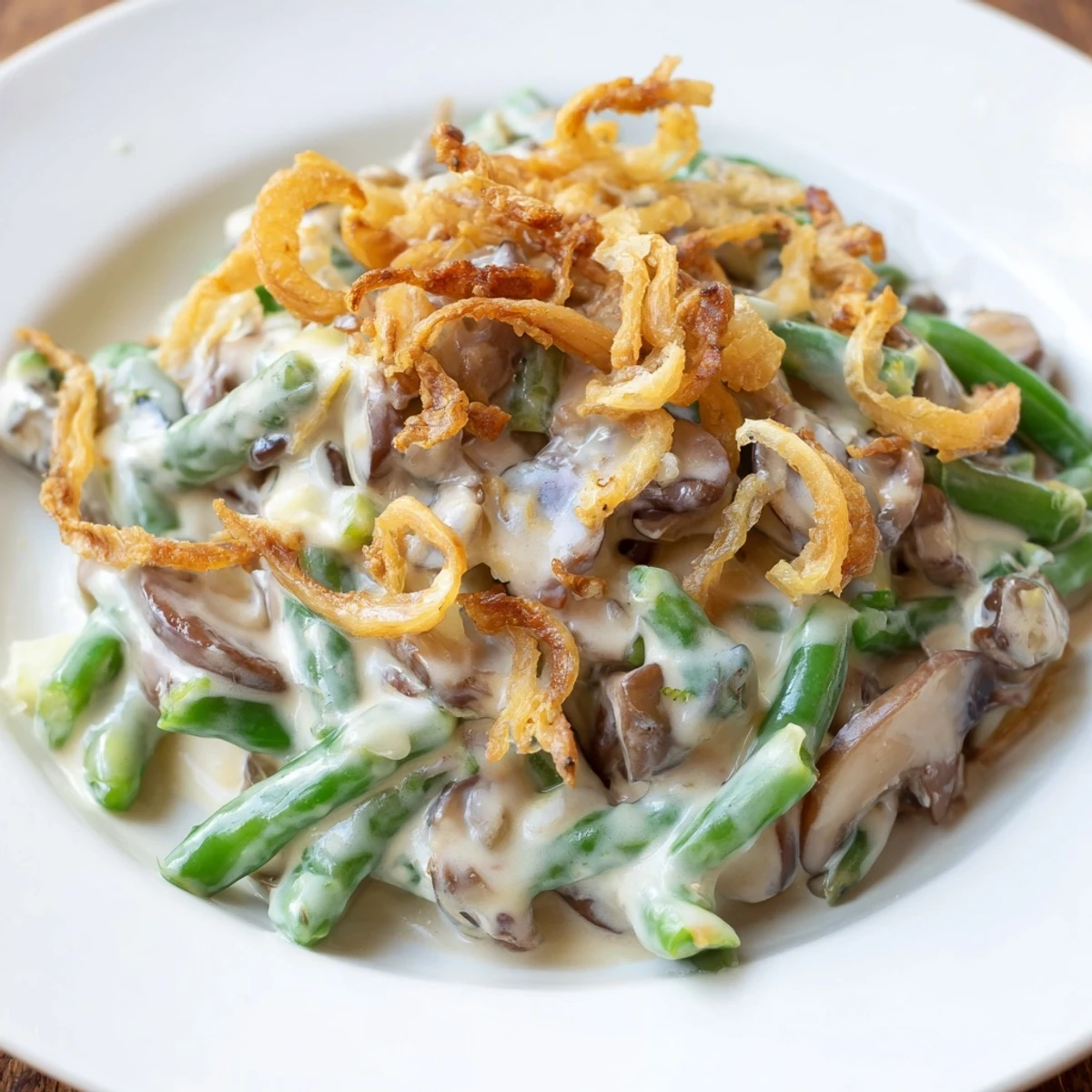 Sizzling Old-School Green Bean Casserole, a classic dish with tender beans and savory mushroom sauce.