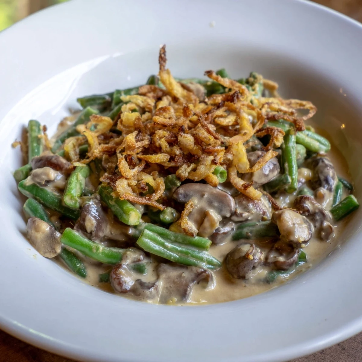 A bubbling baking dish of Old-School Green Bean Casserole, topped with crunchy fried onions, ready to eat.