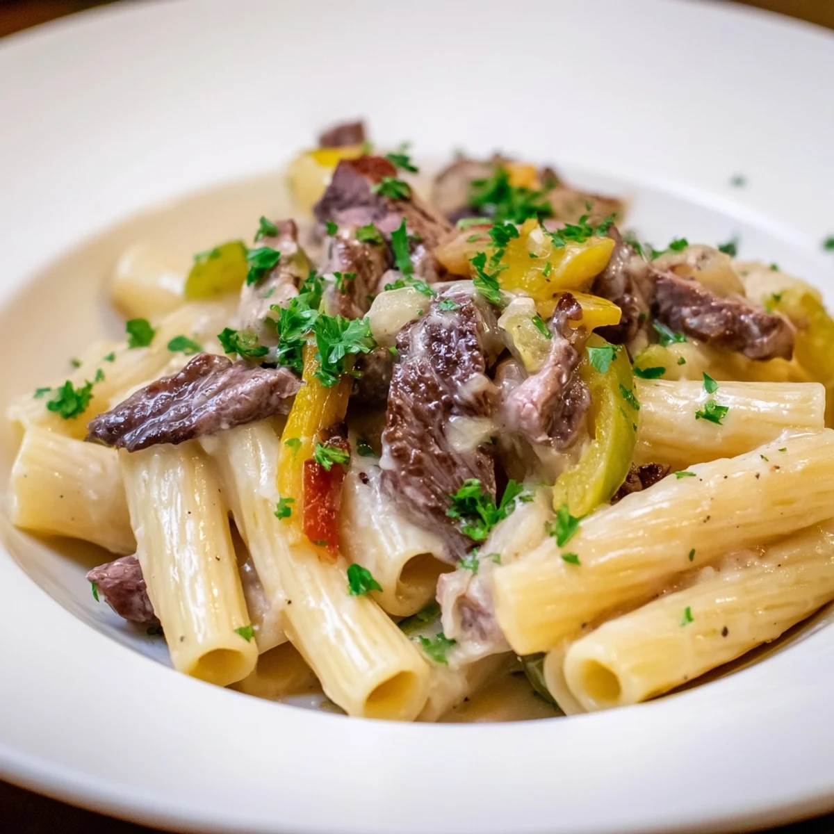 Philly Cheese Steak Pasta with tender beef and melted cheese, ready to serve with fresh parsley.