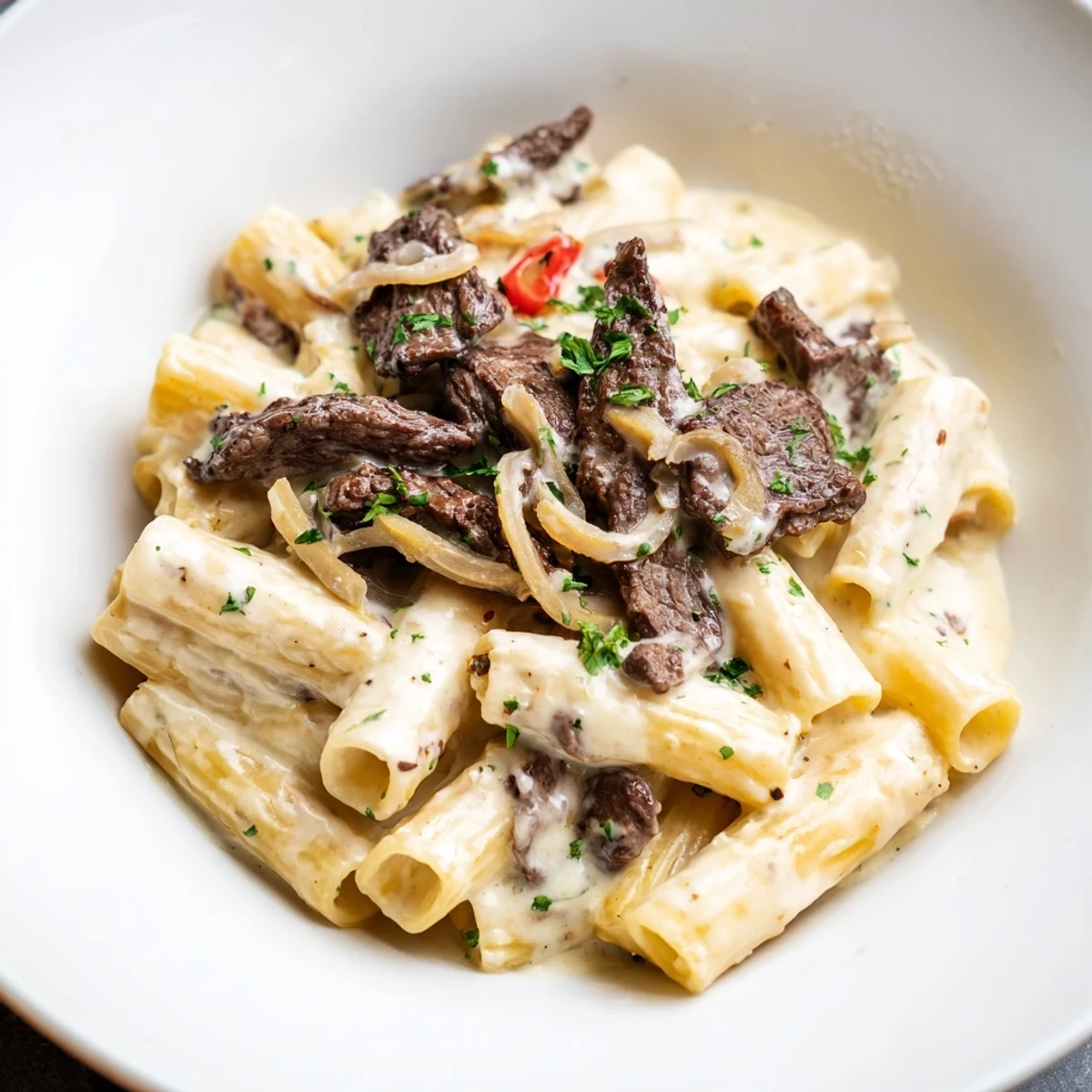 Creamy, cheesy Philly Cheese Steak Pasta, a comforting American dinner with pasta and perfectly cooked steak.