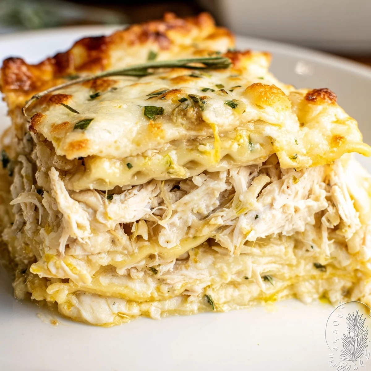 Rosemary Chicken Lasagna, layered with cheese and rich sauce, is a comforting, golden-brown casserole.