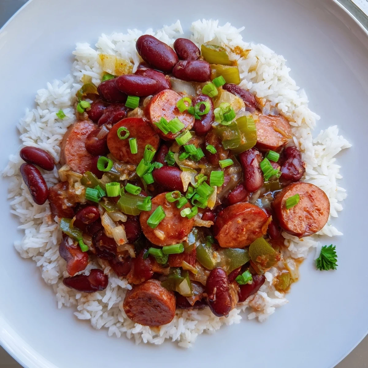 Steaming bowl of Red Beans & Rice, a Creole comfort food with savory sausage and rice.