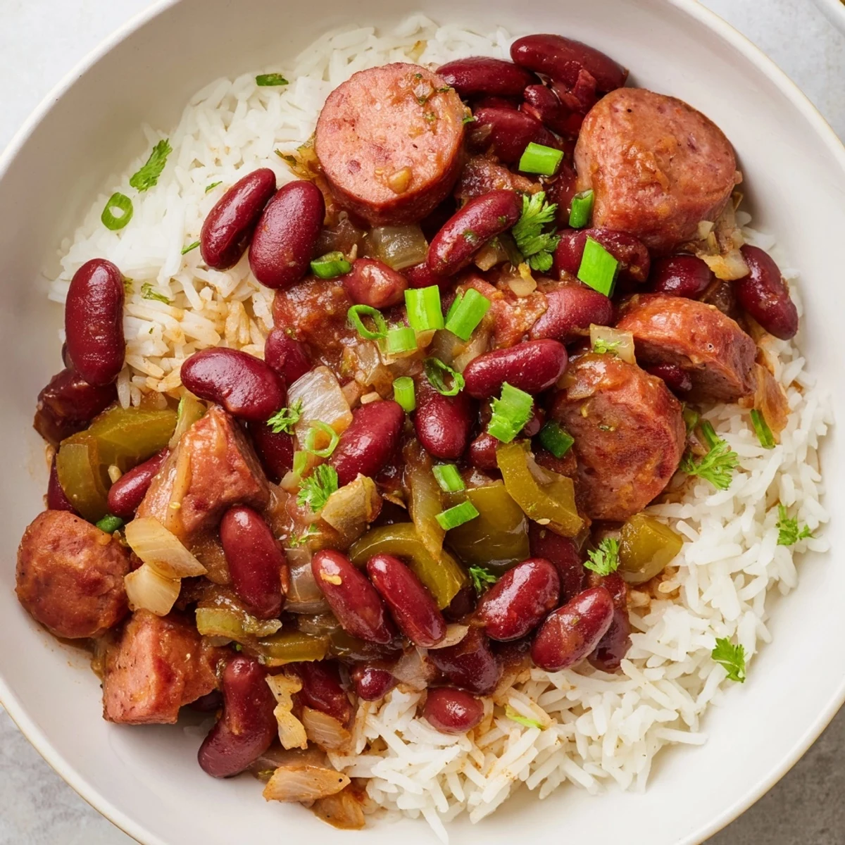 A close-up view of hearty Red Beans & Rice, garnished with fresh green onions for flavor.