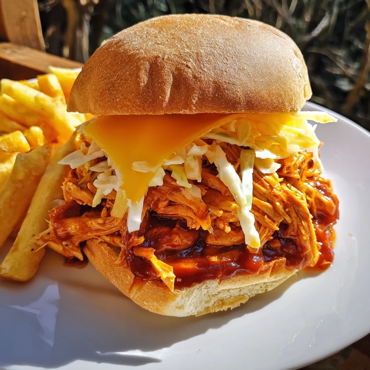 Tender BBQ chicken sliders, nestled in toasted buns, accompanied by golden, seasoned fries.