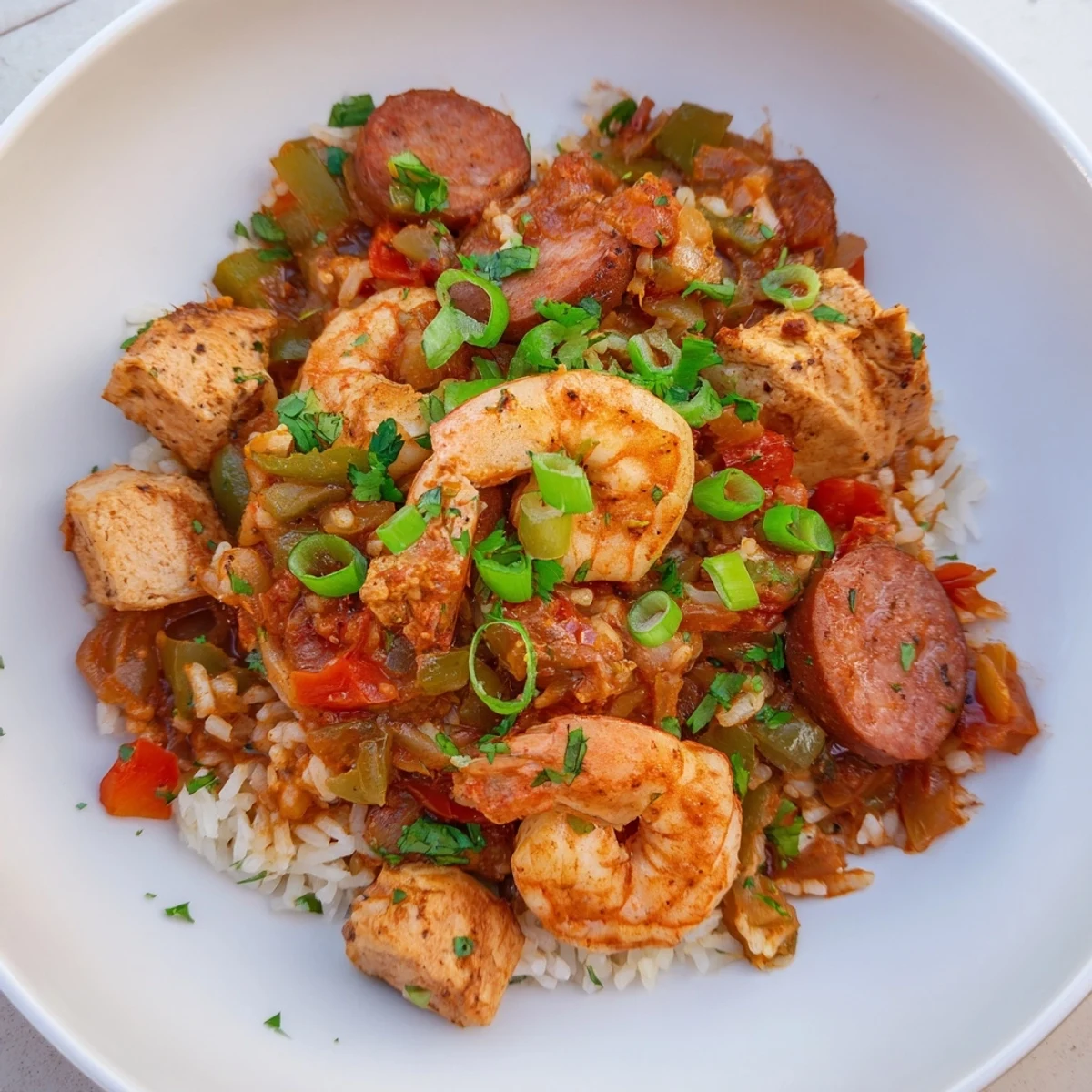 Steaming bowl of Cajun Jambalaya Rice Bowl with shrimp, chicken, and sausage, a Southern comfort classic.