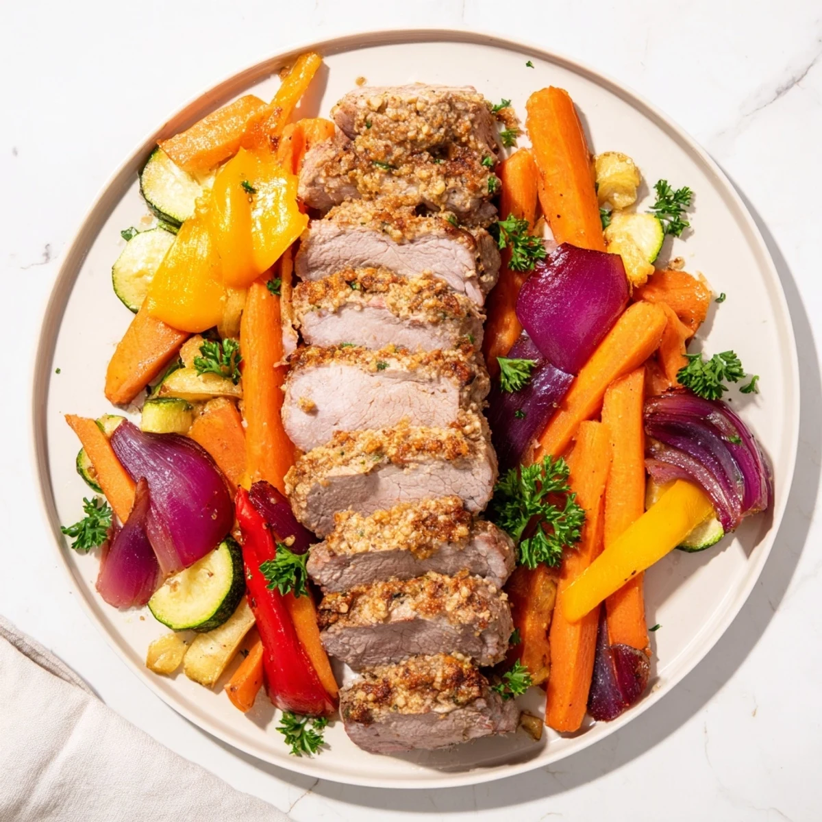 A close-up view of sliced Roasted Garlic Pork Tenderloin with a side of perfectly roasted vegetables.