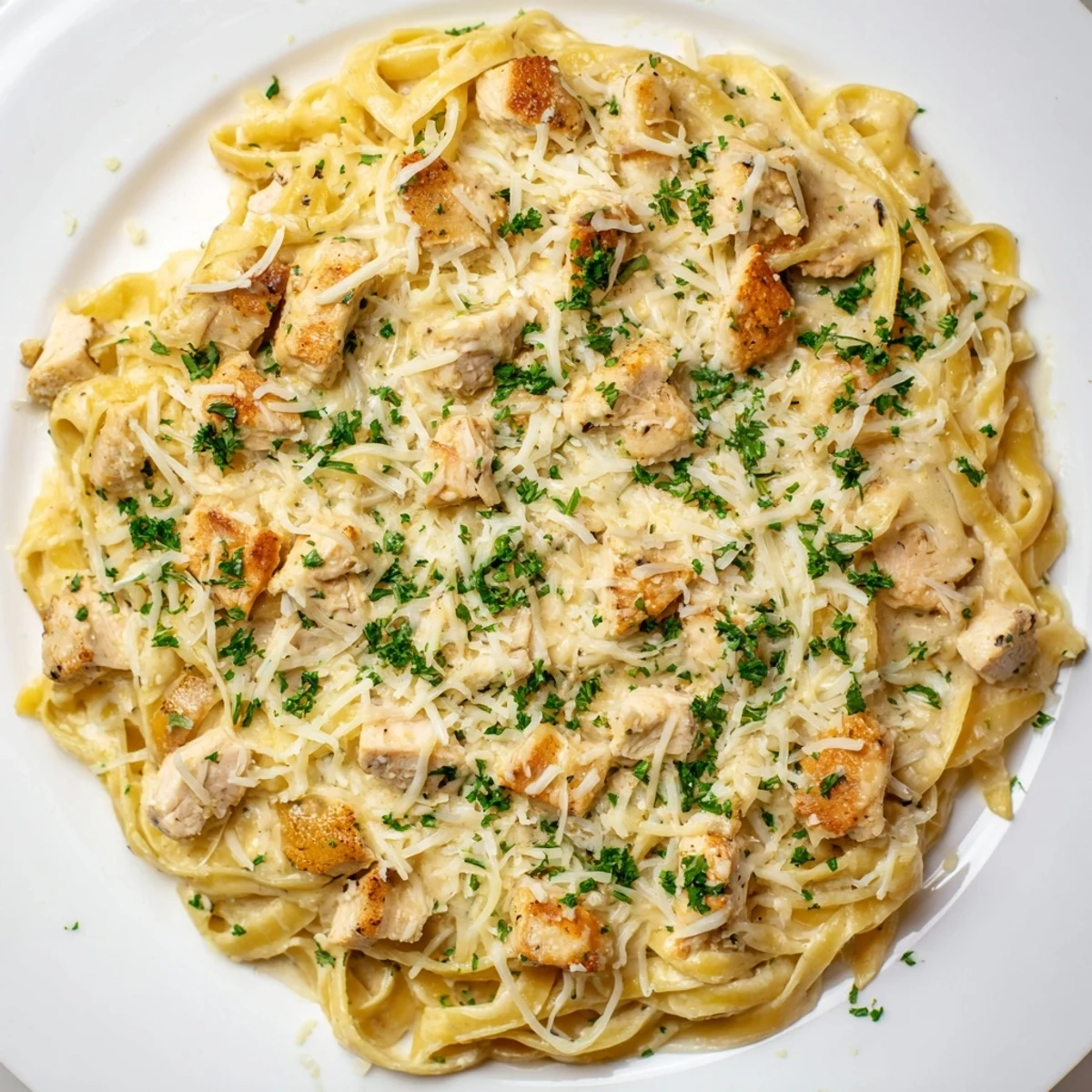 A close-up shot of baked Chicken Fettuccine Alfredo, a delicious Italian-American comfort food.