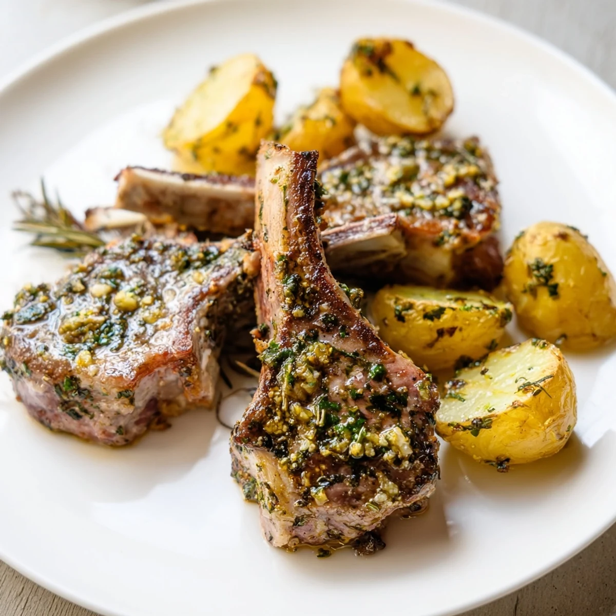 Juicy herbed lamb chops resting beside crisp, herb-infused roasted potatoes, ready to eat.