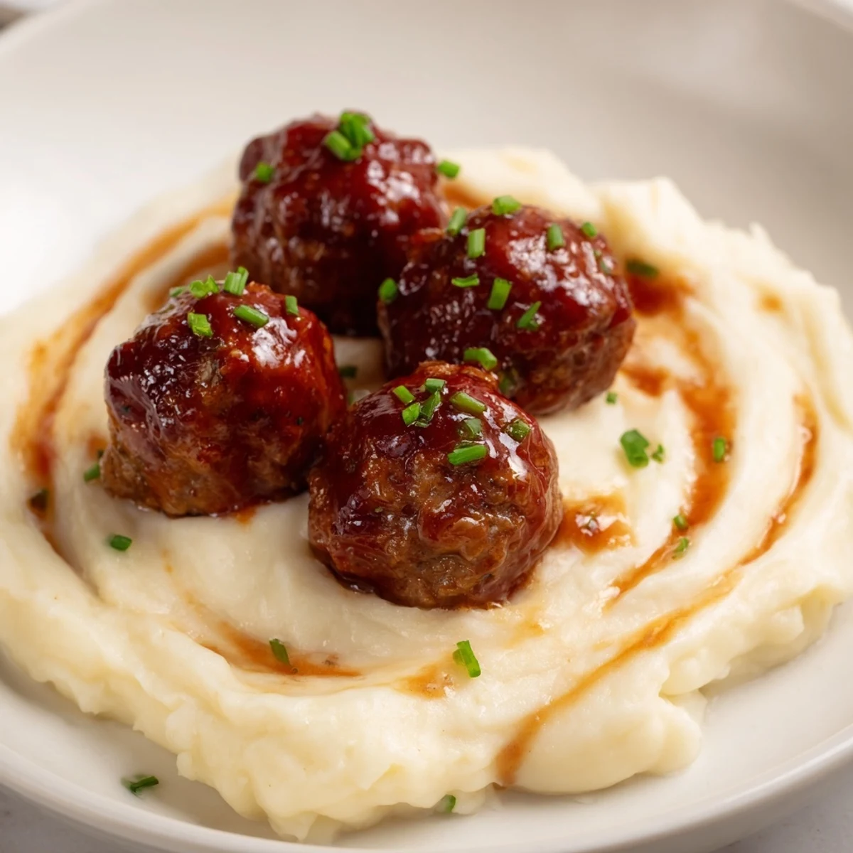 Smoky BBQ Meatballs smothered in sauce alongside creamy, buttery mashed potatoes ready to enjoy.