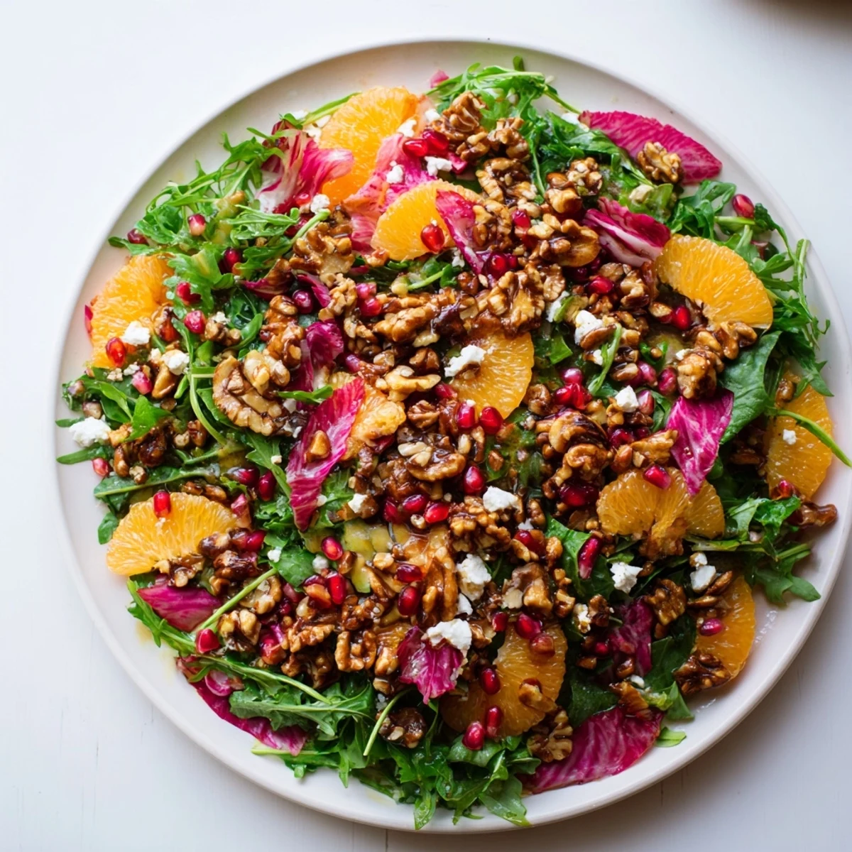 Winter Greens Salad with Citrus, Pomegranate, and Toasted Nuts: a colorful, fresh salad with bright citrus segments.