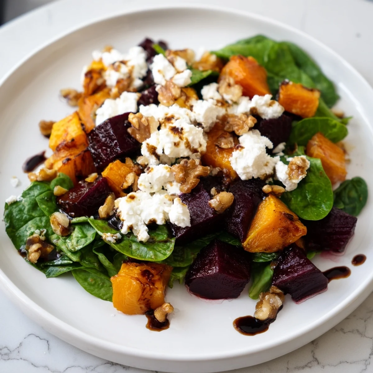 Freshly assembled Roasted Beet, Butternut & Spinach Salad, ready to serve and enjoy tonight.