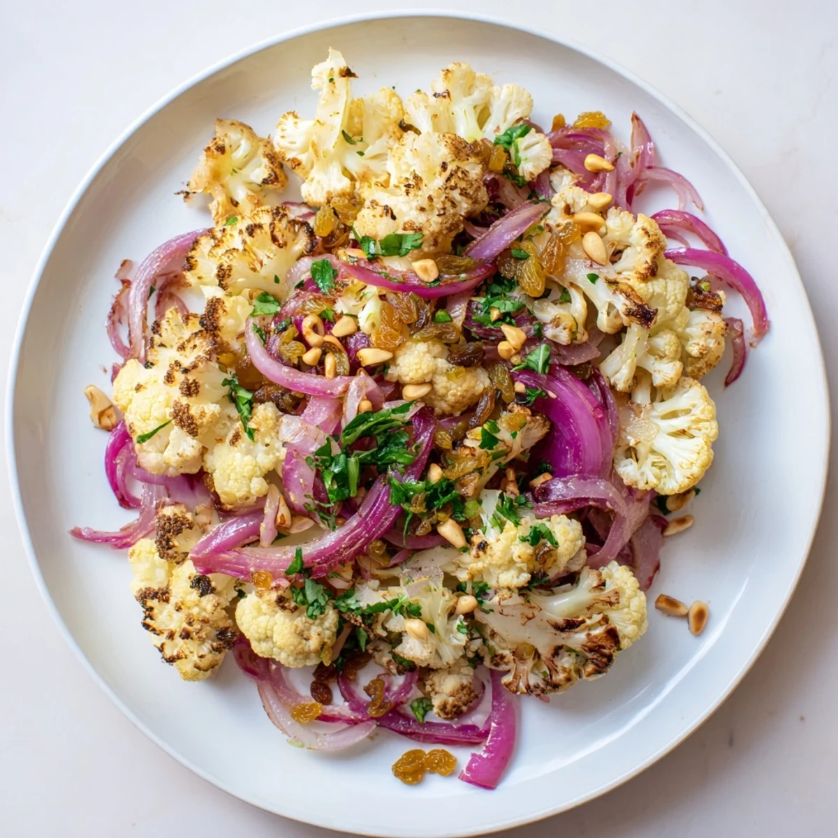 This Warm Roasted Cauliflower Salad features vibrant colors and a tangy lemon pine-nut dressing.