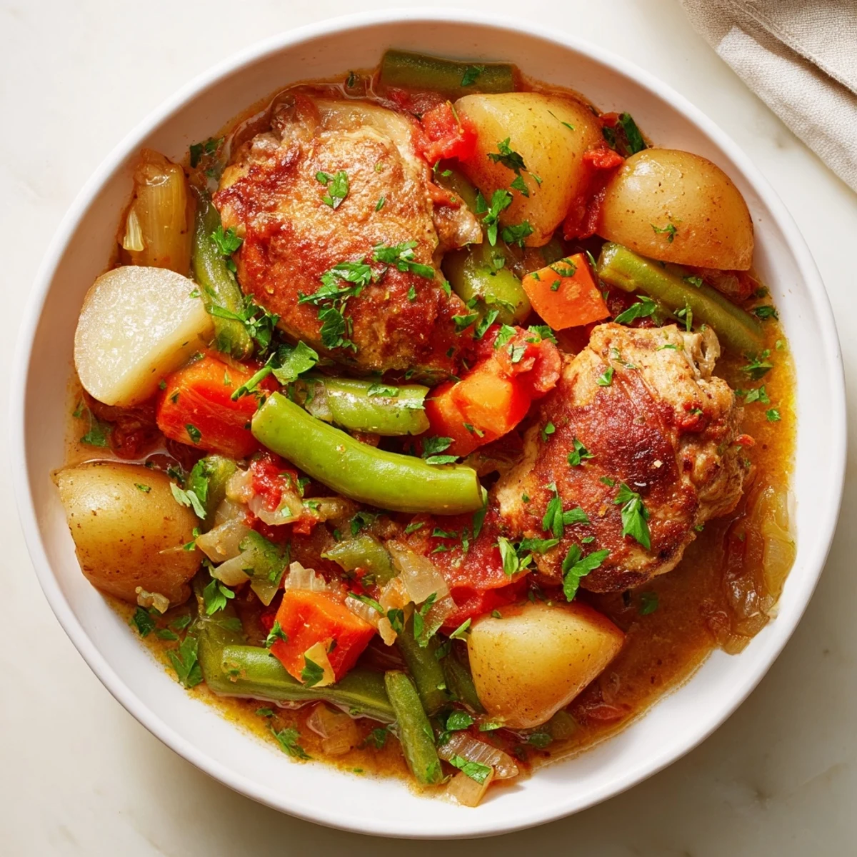 Flavorful American Slow-Cooker Chicken & Vegetable Stew, simmering slowly in a crockpot with rich broth.