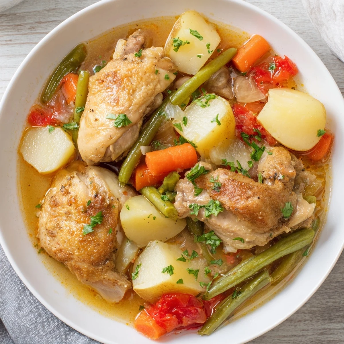 Steaming Slow-Cooker Chicken & Vegetable Stew, a hearty American meal with fresh parsley garnish.