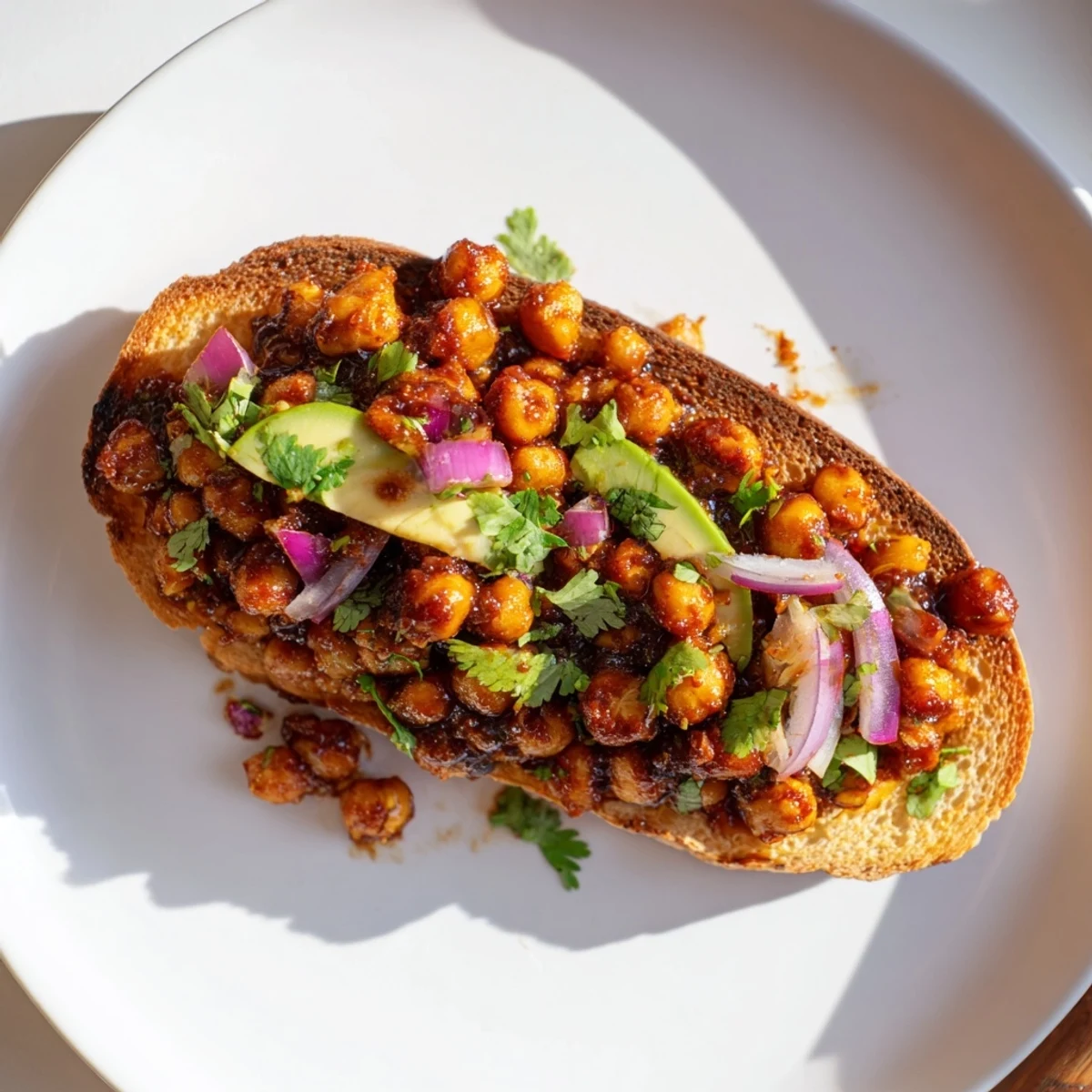 Savory BBQ chickpeas on toast: a vegan delight with vibrant garnishes and a delightful crunch from toasted bread.