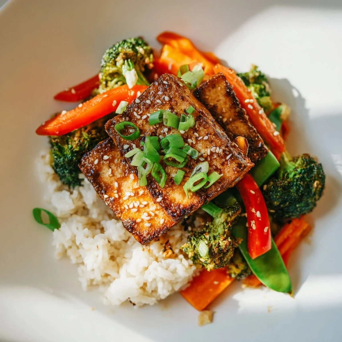 A delicious plate of Pressed Tofu Steaks features crispy tofu and colorful stir-fried vegetables with rice.