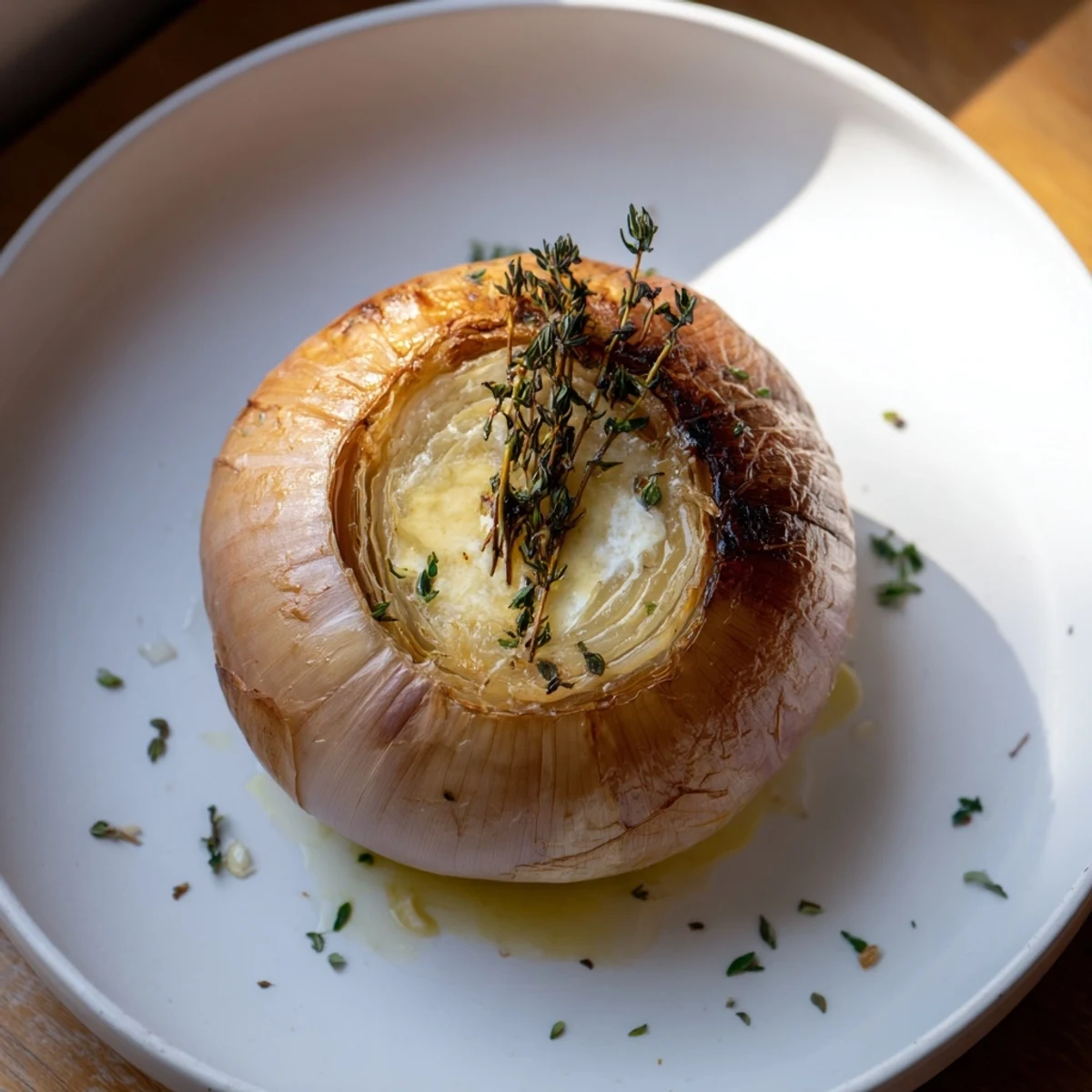Steaming plate of Onion Boil, fragrant with thyme and garlic, a comforting side dish ready to enjoy.