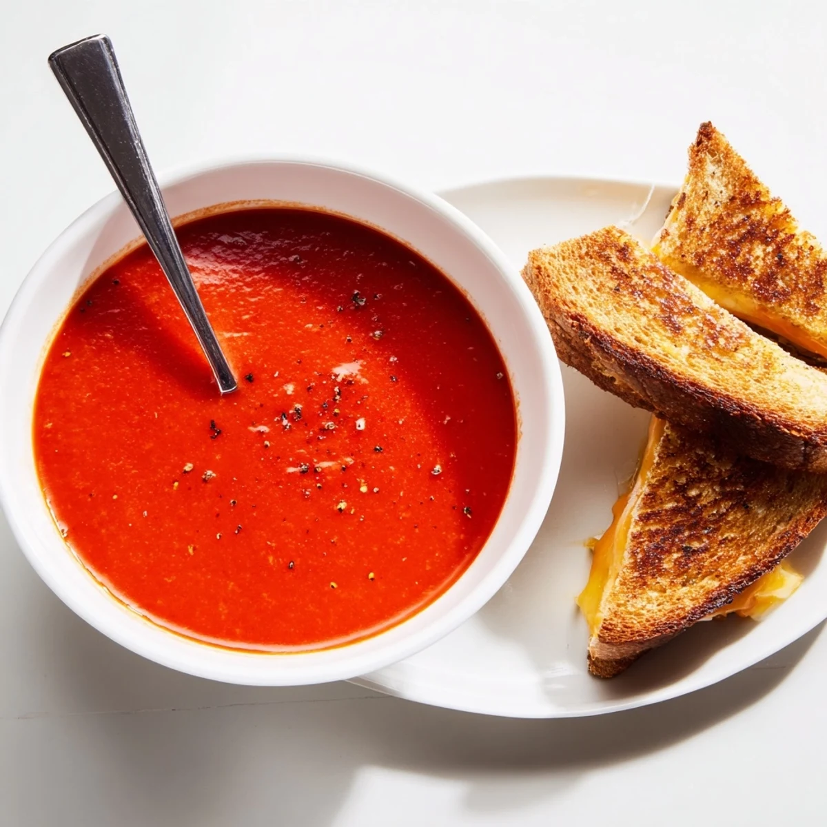 Perfectly grilled cheese wedges ready to dunk into a vibrant bowl of rich 5-Ingredient Tomato Soup.