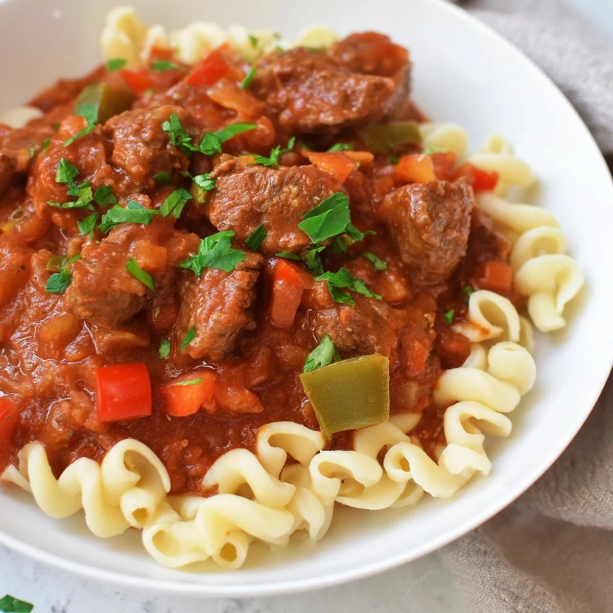 Steaming bowl of goulash with beef and pasta, garnished with fresh parsley, looks delicious.