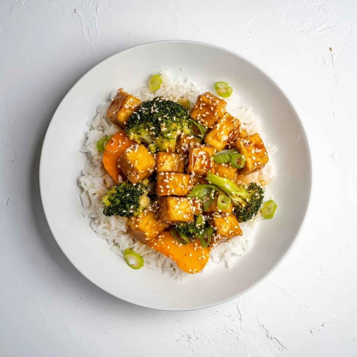Golden, crispy sesame tofu and broccoli atop fluffy white rice, a delicious vegetarian meal.