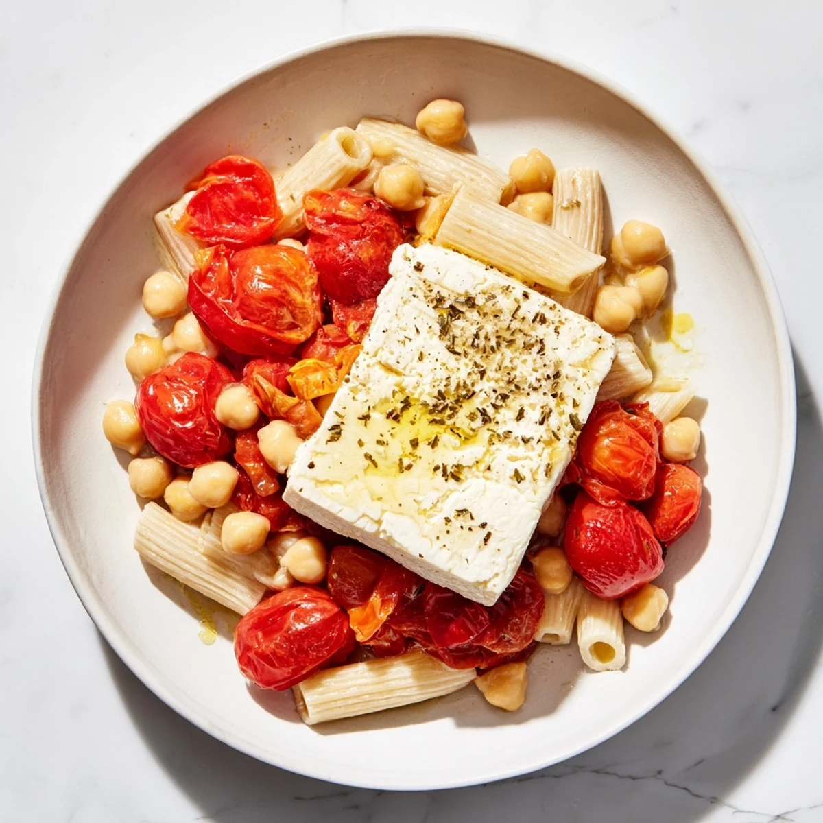 Creamy baked feta with roasted tomatoes and chickpeas, perfect over pasta or rice.