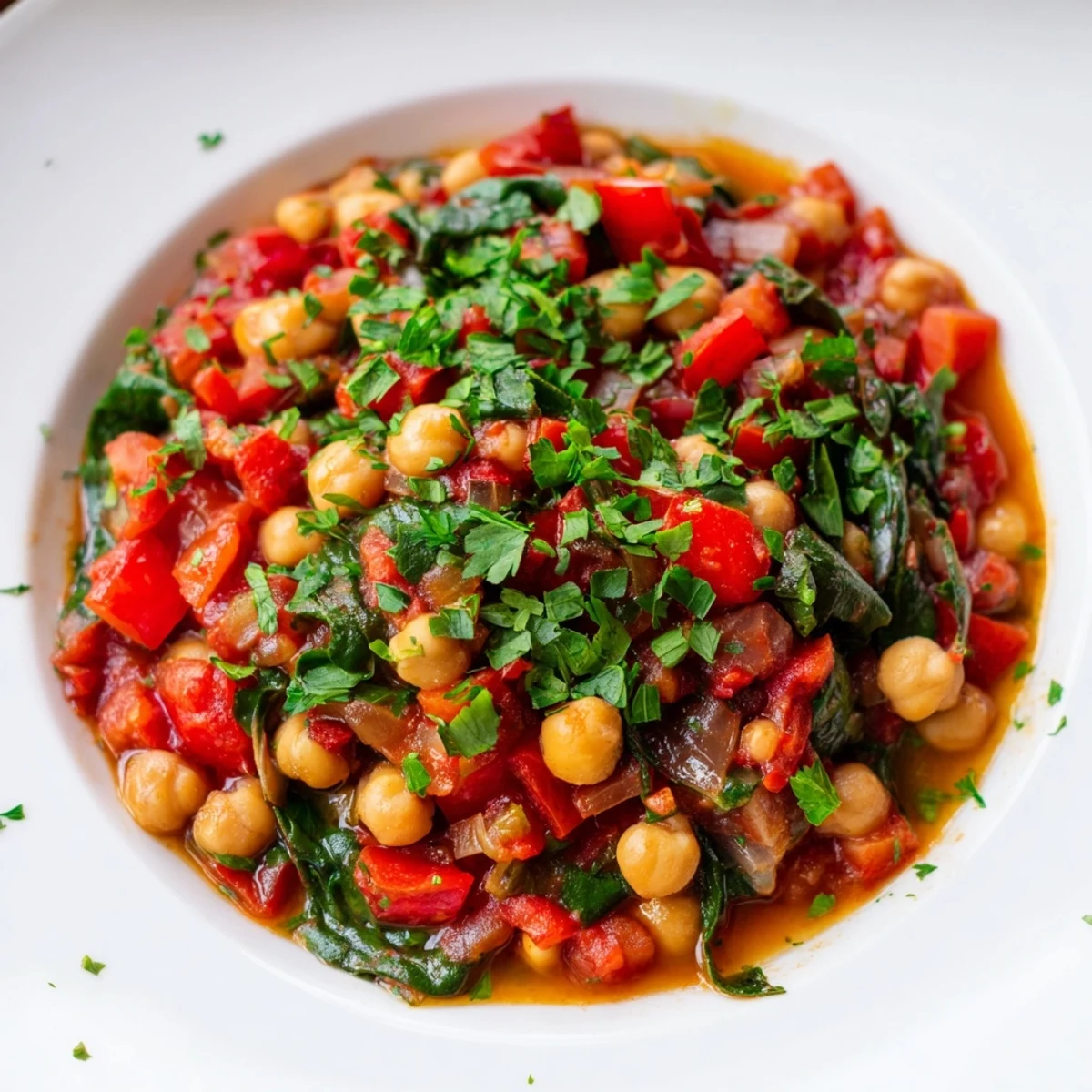Steaming hot Vegetarian Chickpea & Spinach Skillet, vibrant with red tomatoes and fresh green spinach.