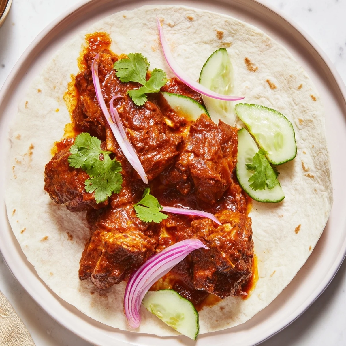 Tender chicken tikka masala tacos bursting with color, topped with fresh cilantro and a lime wedge.