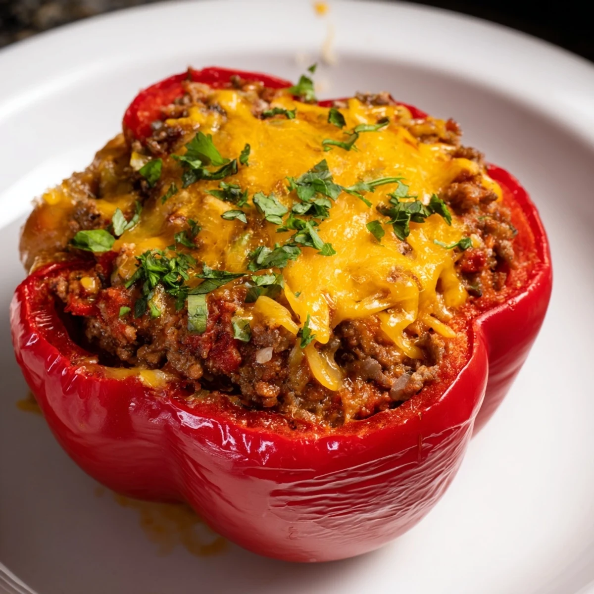 Baked Sloppy Joe stuffed peppers, bubbling with a rich tomato sauce and tender, colorful bell peppers.