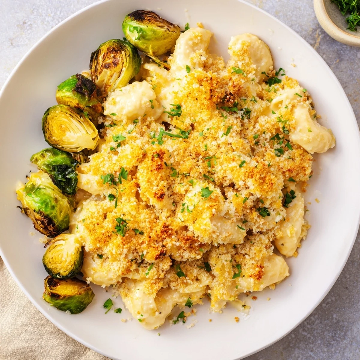 A close-up of sheet pan mac and cheese showcasing creamy cheese sauce, browned breadcrumbs, and tender Brussels sprouts.