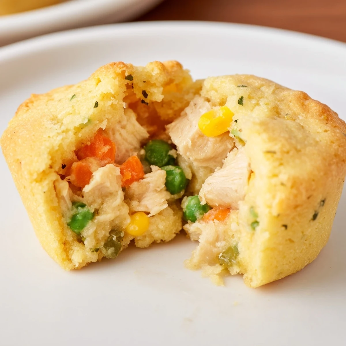 Golden-brown Mini Chicken Pot Pie Cornbread Muffins, warm from the oven, ready to serve and enjoy.