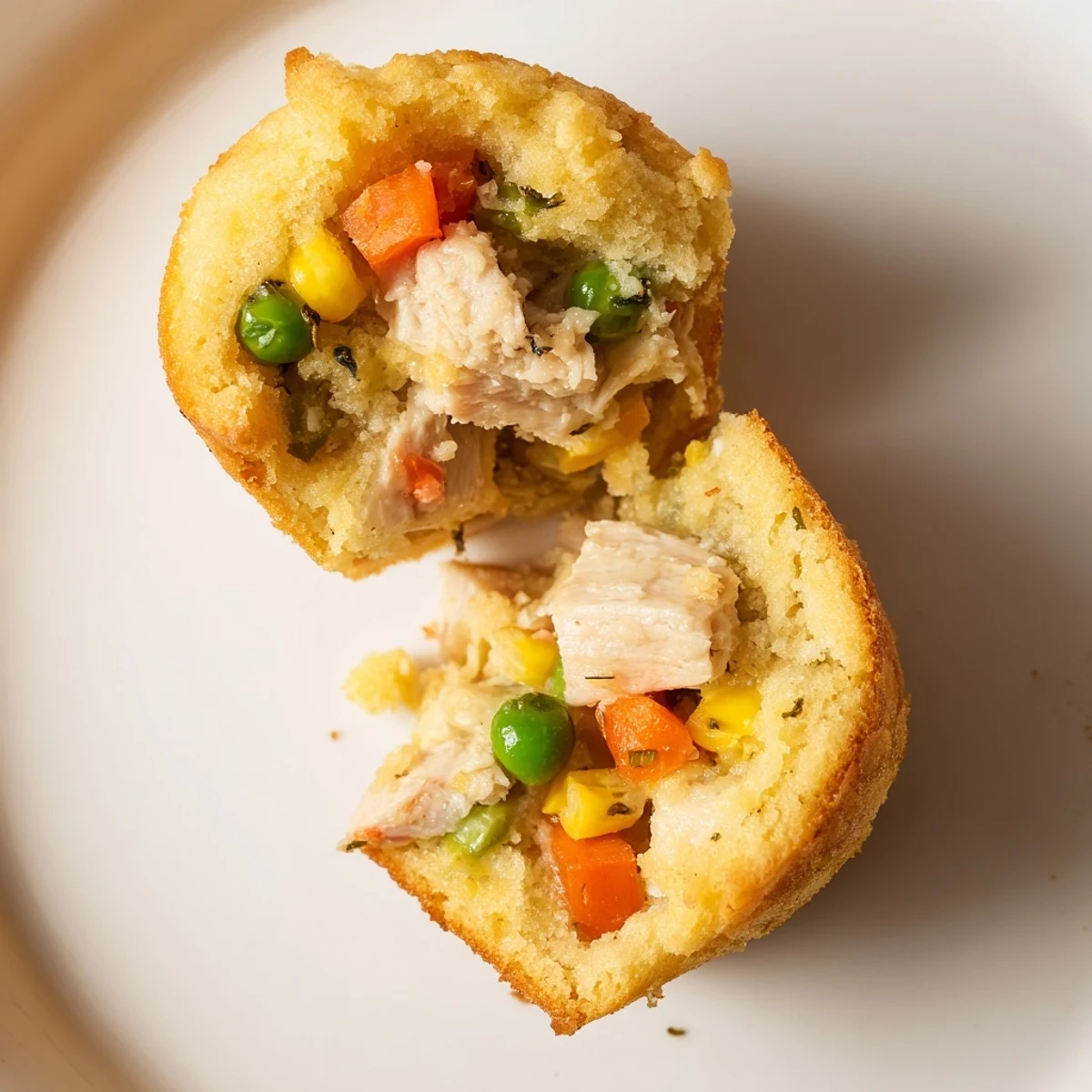 A close-up of savory Mini Chicken Pot Pie Cornbread Muffins, showcasing a fluffy cornbread crust.