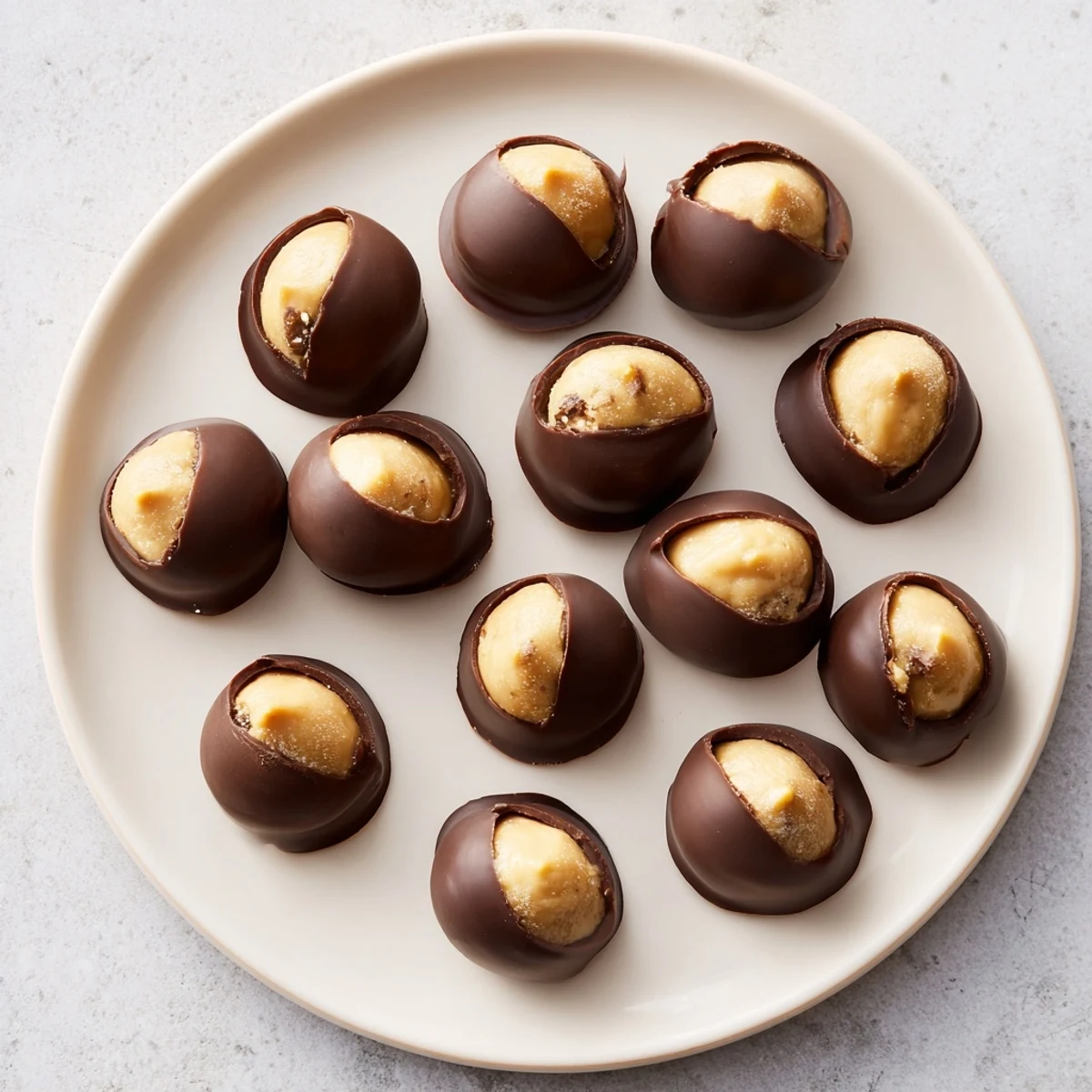 Close-up of Peanut Butter Buckeyes, perfectly dipped in chocolate and ready to eat, a holiday treat.
