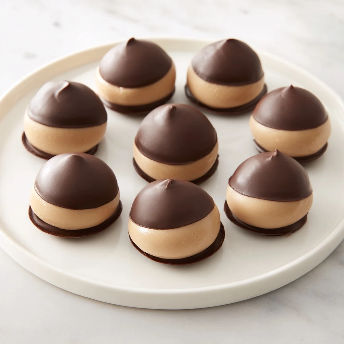 Rich, chocolate-covered Peanut Butter Buckeyes with visible peanut butter filling, a delicious homemade dessert option.