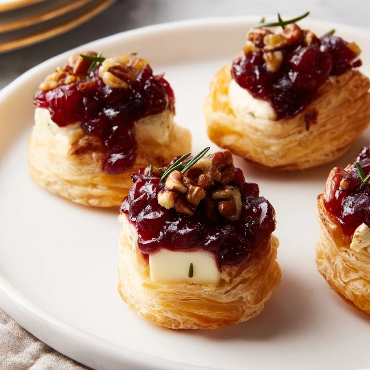 Golden Quick Cranberry Brie Bites with bubbly cheese and sweet cranberry, ready to serve as appetizers.