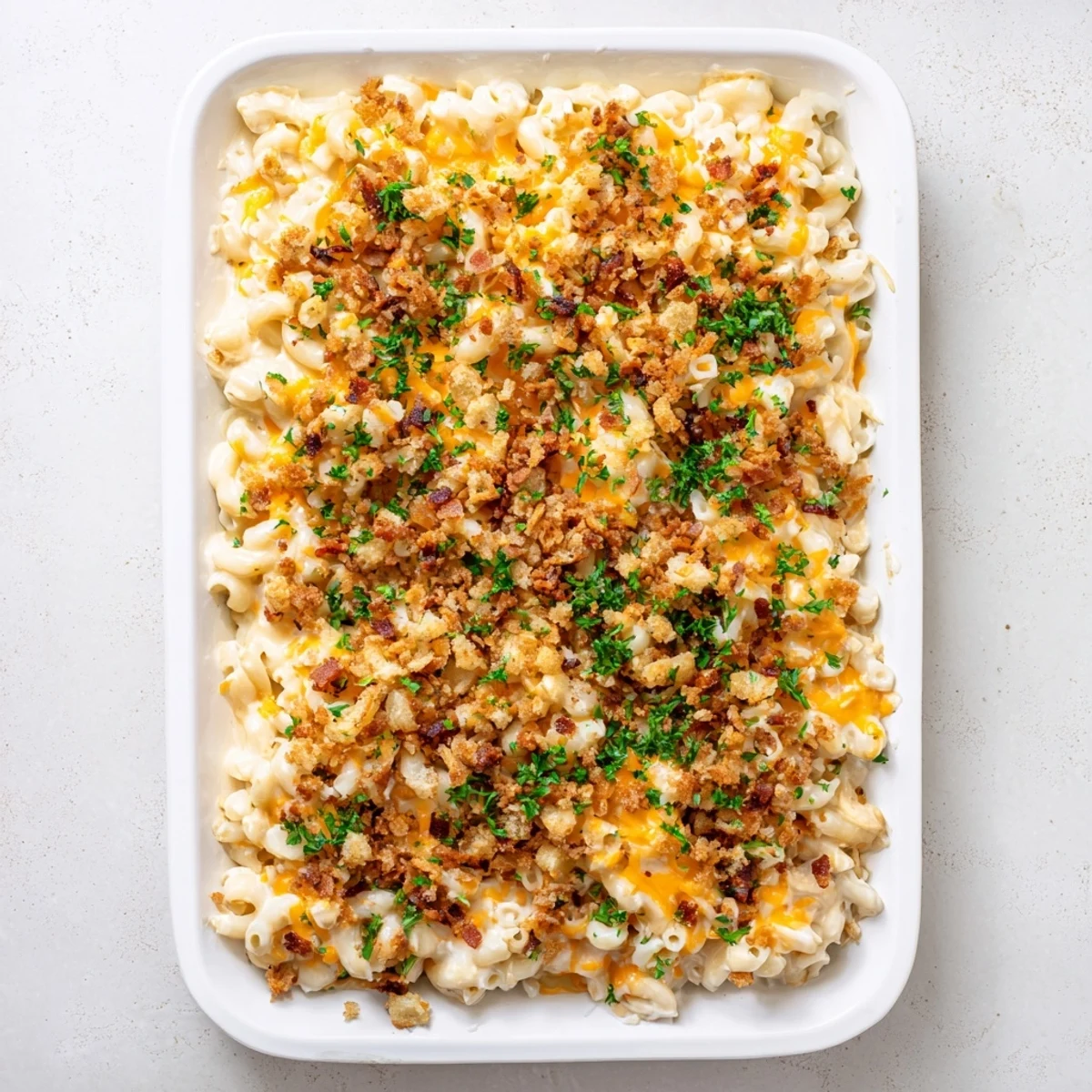 Golden, bubbly Sheet Pan Mac and Cheese with crispy edges and savory bacon crumbles, ready to serve!