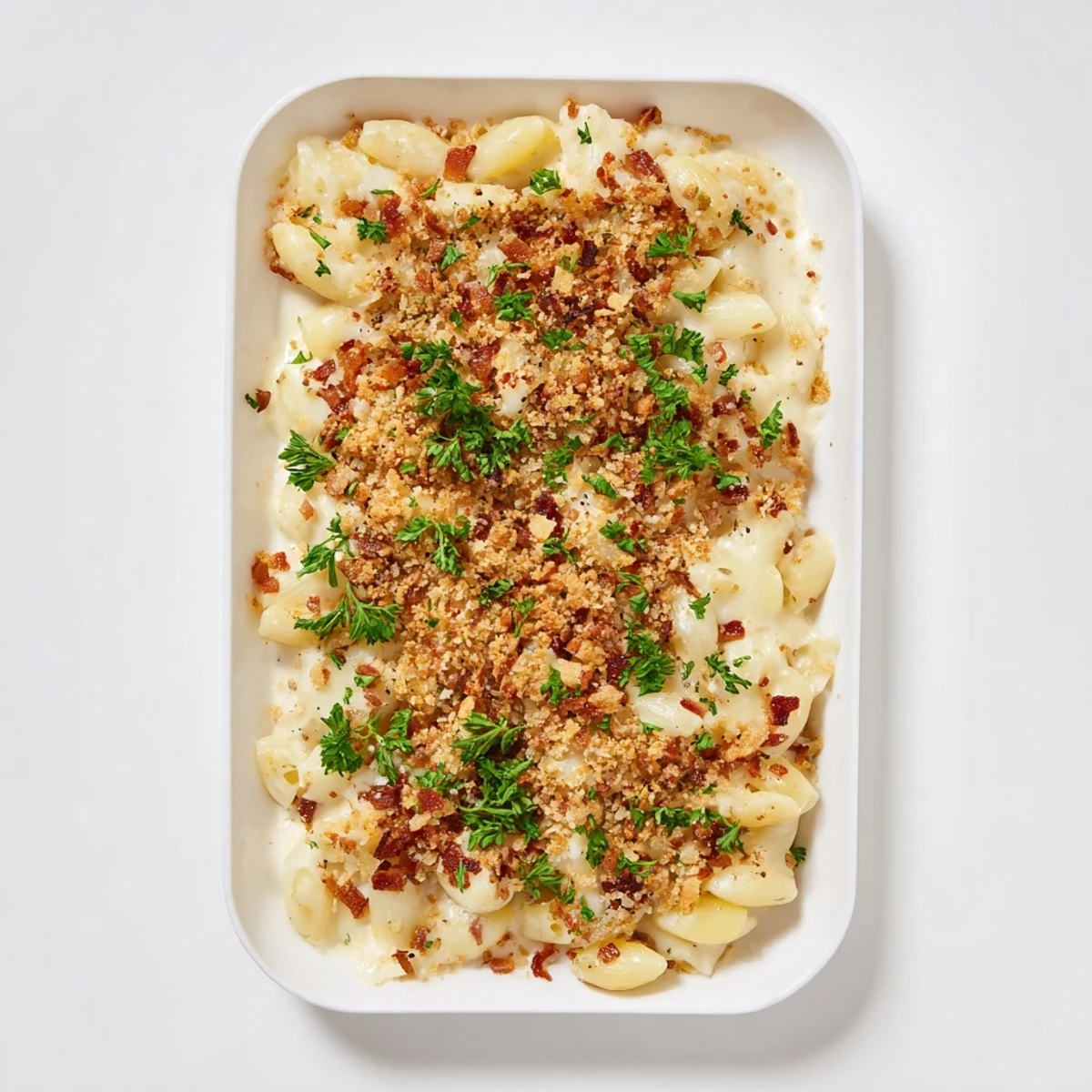 A close-up of cheesy Sheet Pan Mac and Cheese, featuring perfectly browned bacon topping the dish.