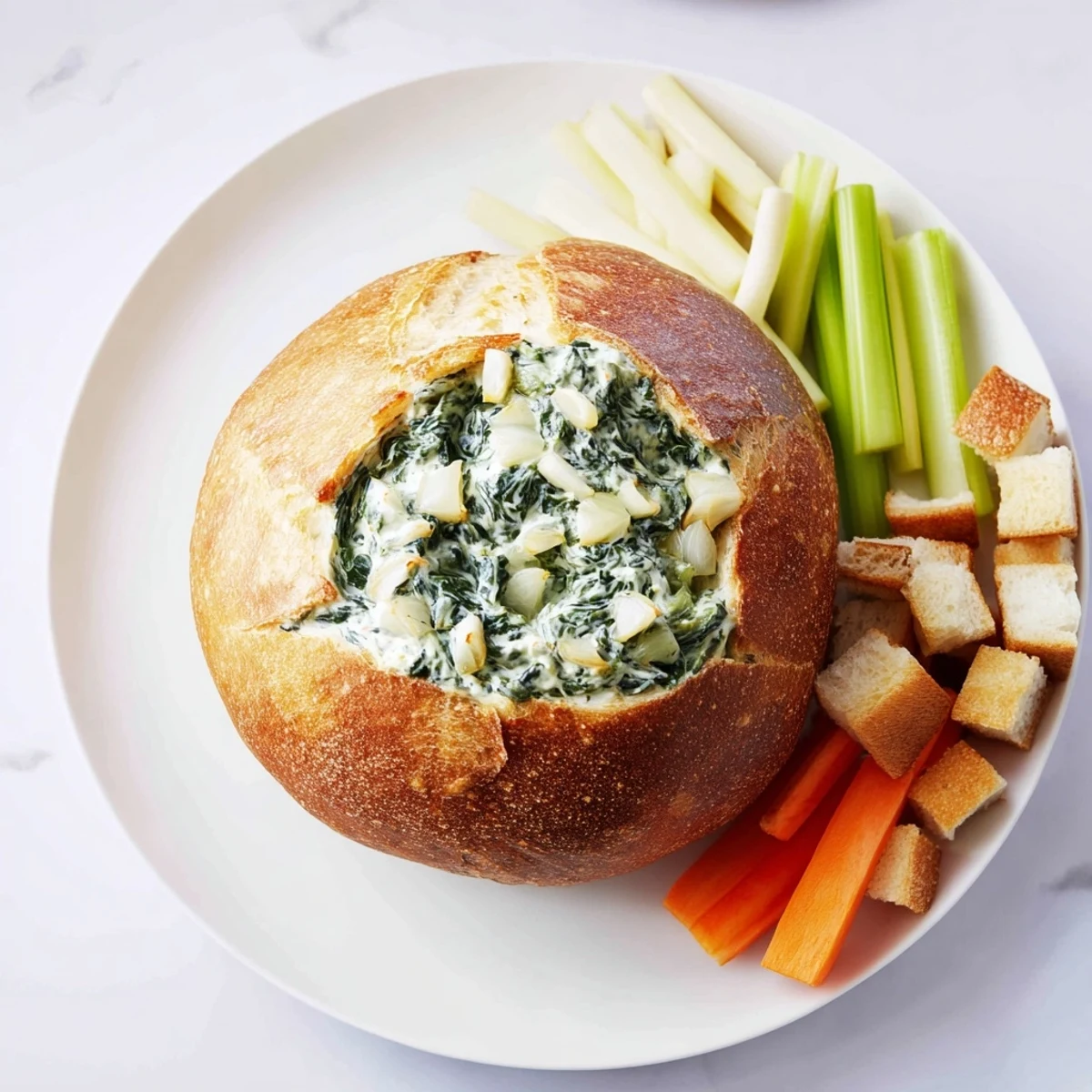A rustic bread bowl filled with creamy The Best Spinach Dip Ever, ready to scoop with fresh dippers.