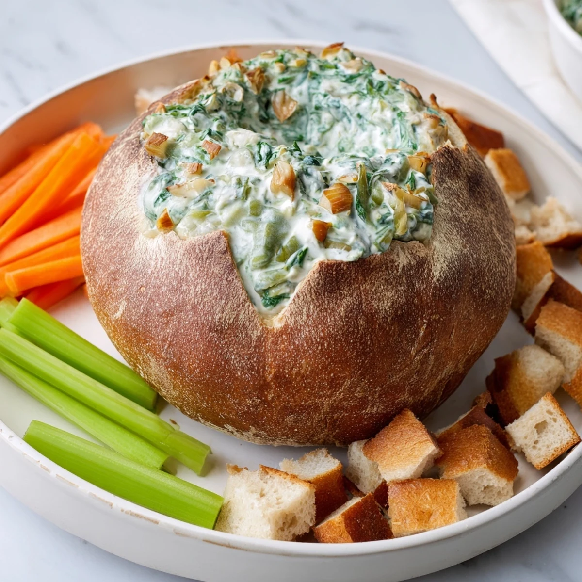 Golden-brown bread hosts the delicious The Best Spinach Dip Ever, a flavorful appetizer for sharing and enjoyment.