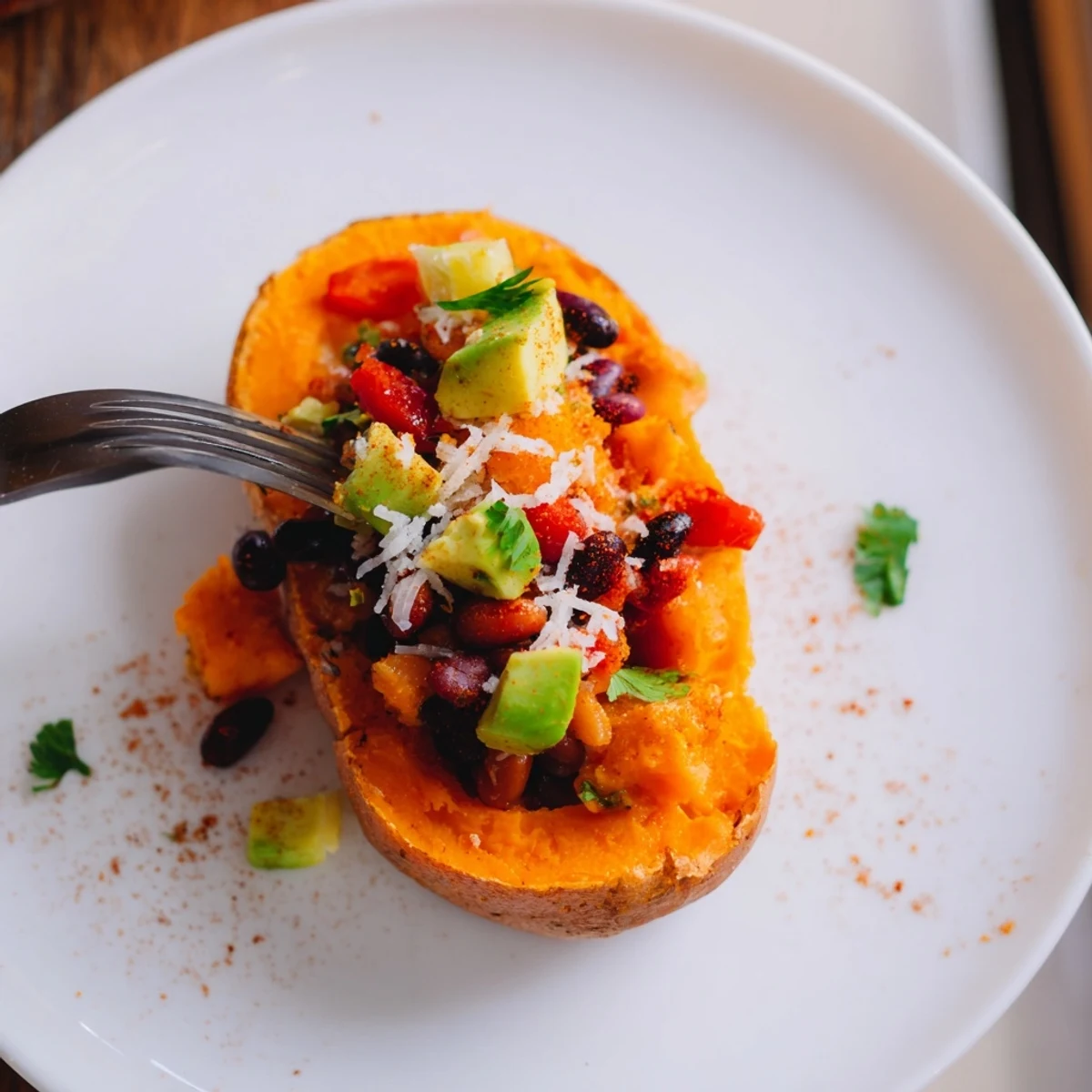 Steaming Savory Baked Sweet Potato Chili Boats overflowing with chili and topped with fresh cilantro.