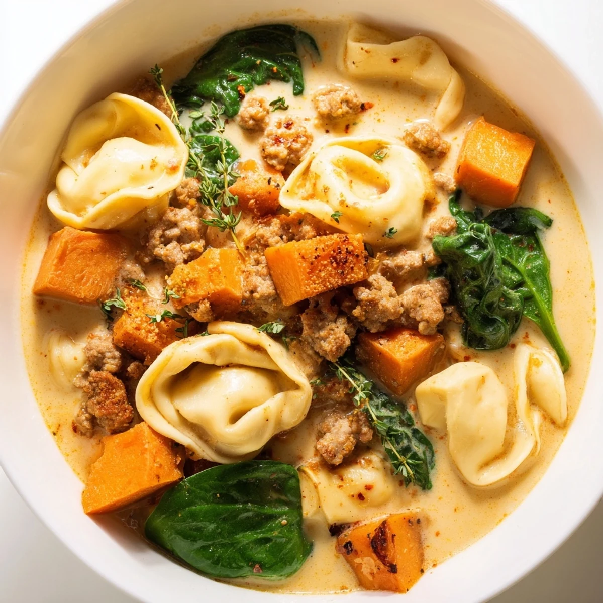 Steaming bowl of creamy sausage tortellini soup with bright spinach and sweet potatoes visible.