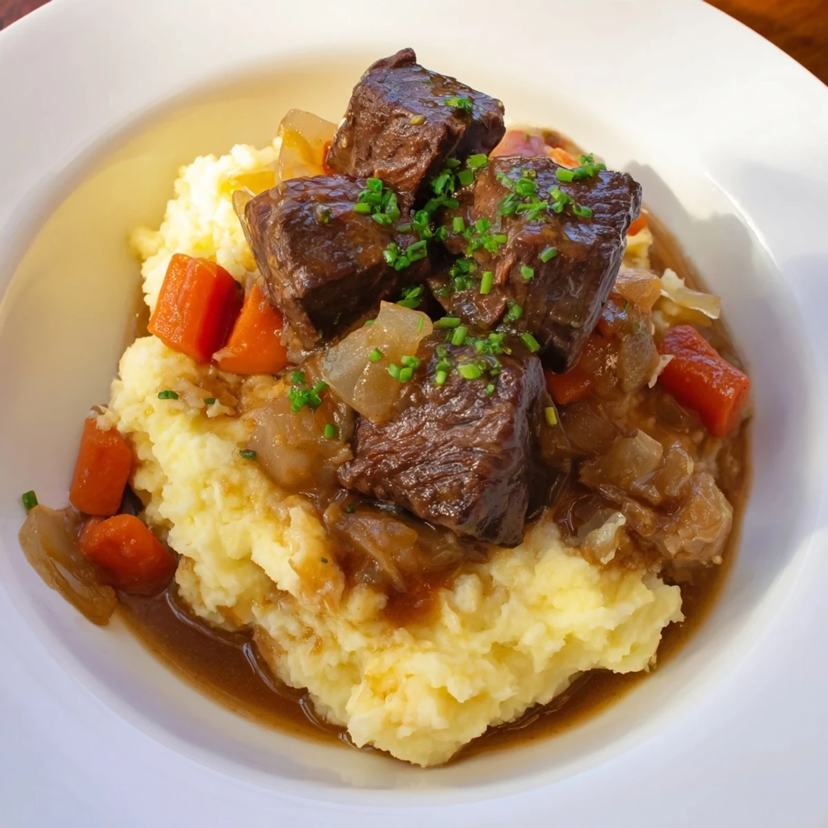 Golden light reveals the delicious fall Apple Cider Stew Mash over creamy cheddar mashed potatoes.